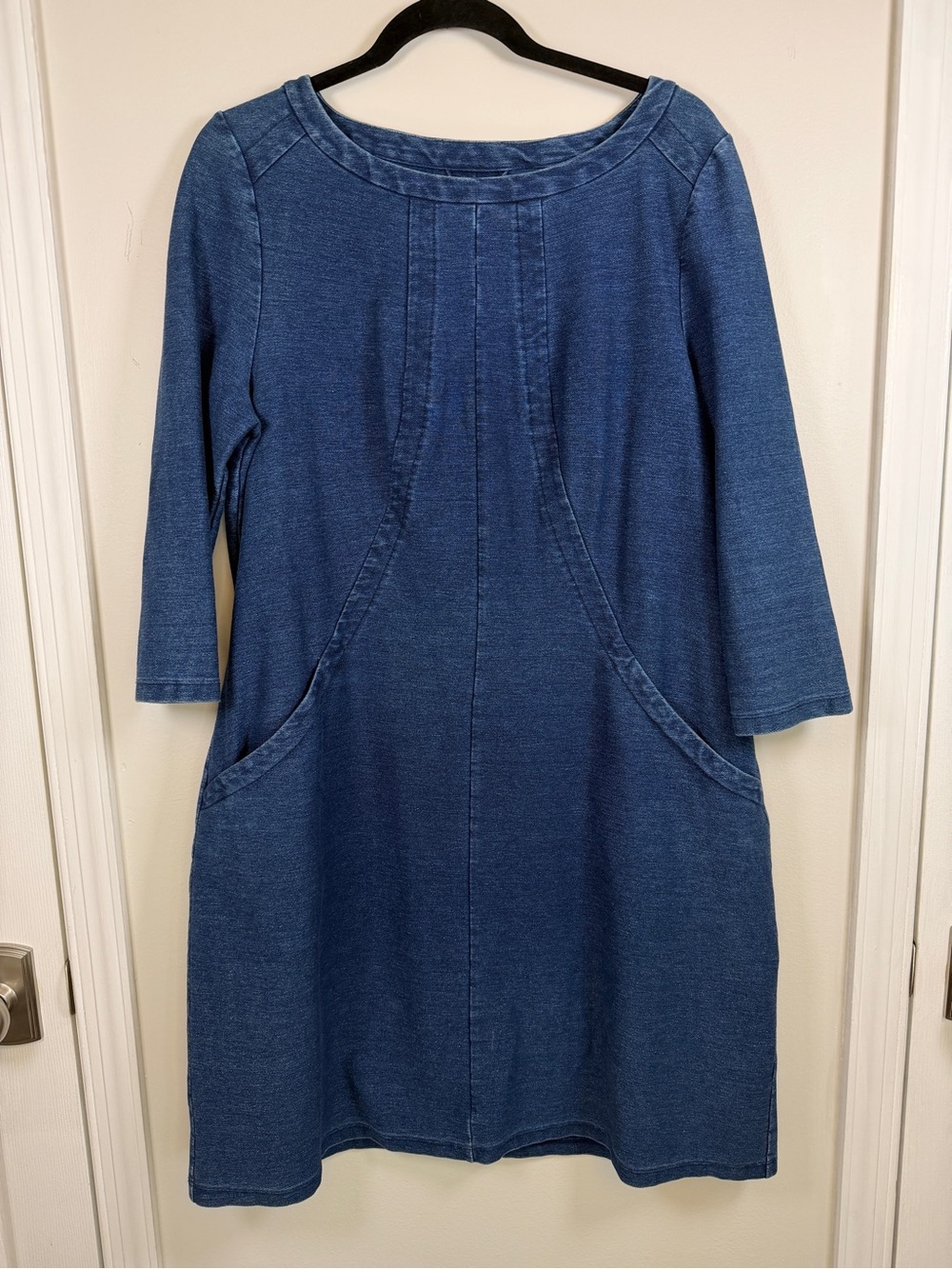 Boden Indigo Knit Denim Sheath Dress 3/4 Sleeve w/ pockets 14 Large